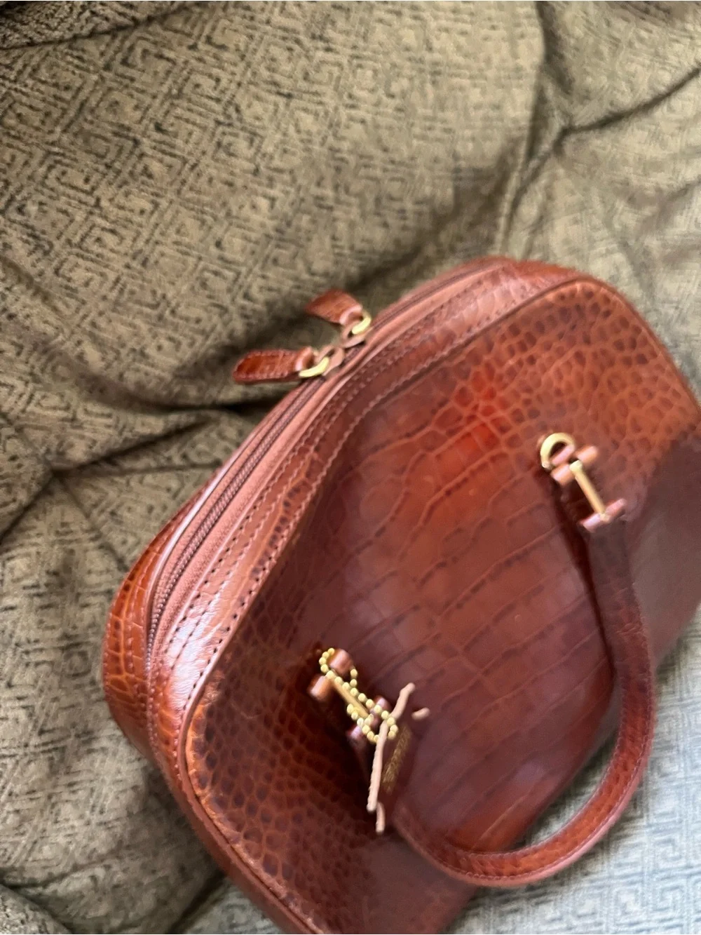 Valerie Stevens Genuine Leather Brown Croc-Embossed Dome Satchel